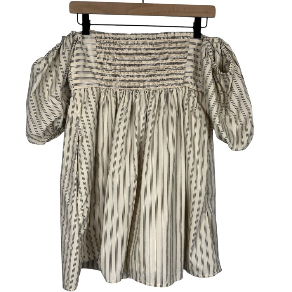 ABERCROMBIE & FITCH Emerson Off Shoulder Skort Dress Cream Navy Pinstripe M - Picture 3 of 15